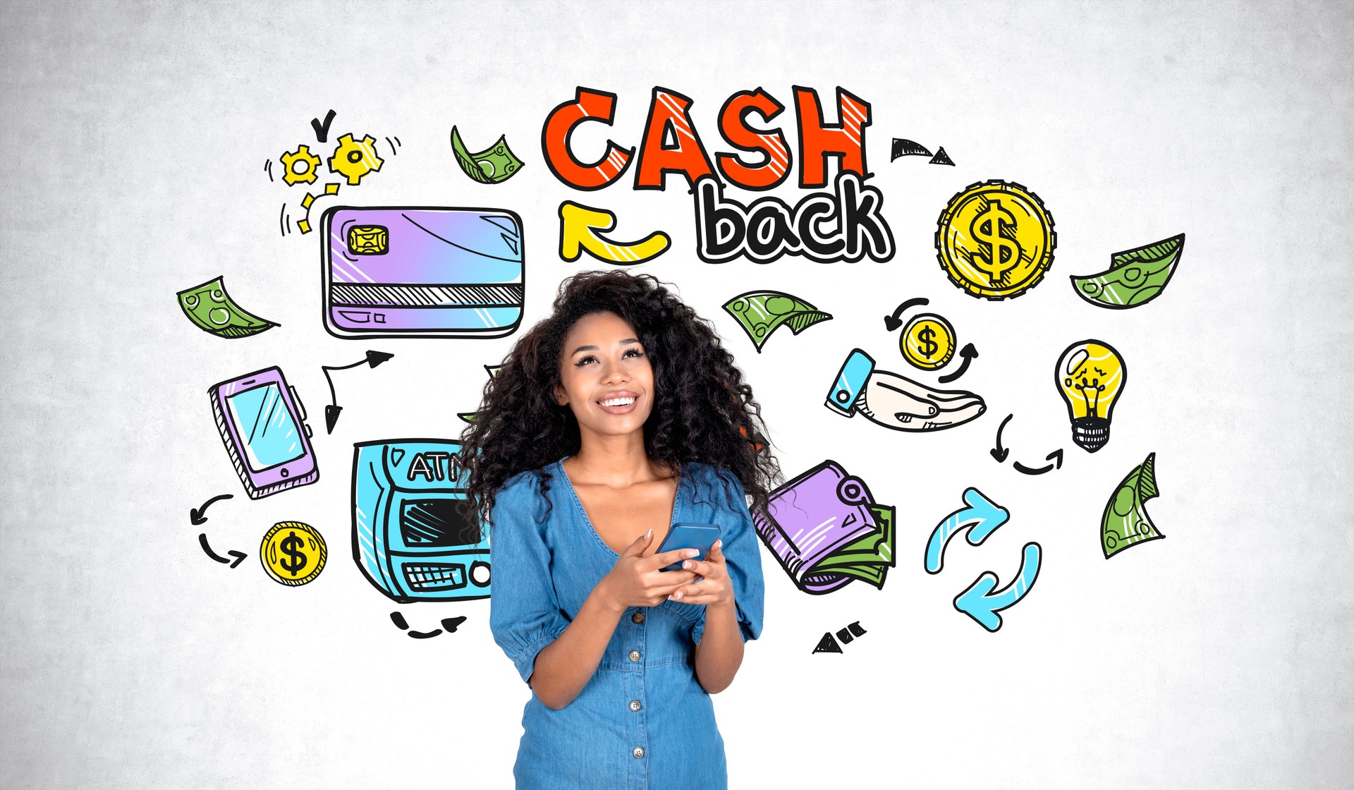 Black woman with phone in hand smiling, cashback sketch and money icons